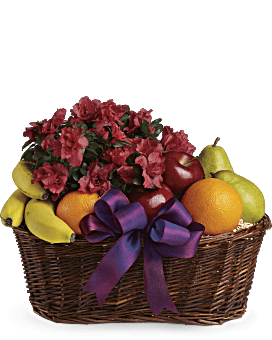 Teleflora Fruits And Blooms Basket. Fruit Gift Basket With Apples, Bananas, Pears, Oranges & A Potted Azalea Plant.
