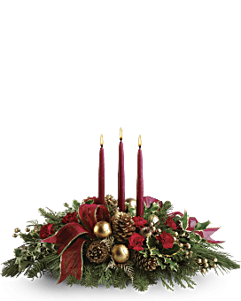 Christmas Centerpiece With Candles, Pine Cones, Fresh Holly, Noble Fir. Teleflora Flower Delivery.