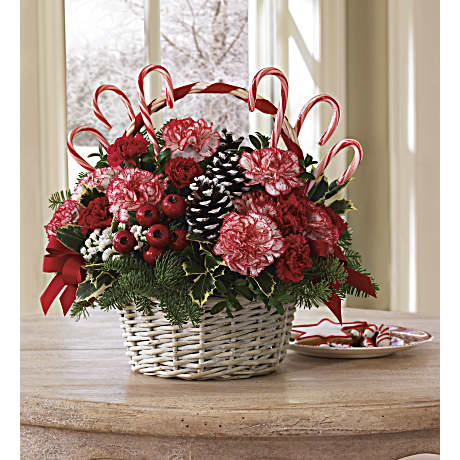 christmas flower arrangements in baskets