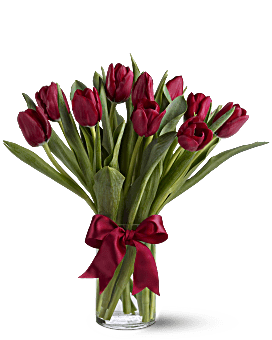 Romantic Red Tulips Arranged In A Clear Glass Vase. Teleflora Radiantly Red Tulips.