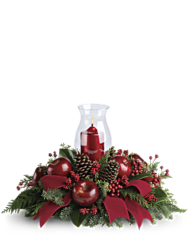 Christmas Centerpiece With Red Apples, Berries, Pinecones & Christmas Greens Delivered By Local Teleflora Florist Same Day.