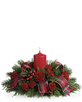 Teleflora Christmas Centerpiece. Red Carnations & Douglas Fir. Same Day Flower Delivery.