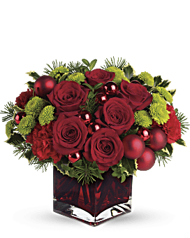 Christmas Floral Arrangements Filled With Red Roses, Red Carnations, Forest Greens In Red Cube Vase By Teleflora
