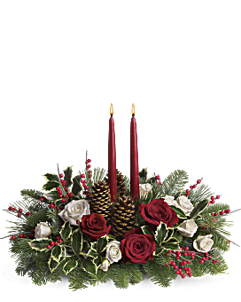 Christmas Centerpiece. Red & White Roses On Noble Fir And White Pine. Same Day Flower Delivery.