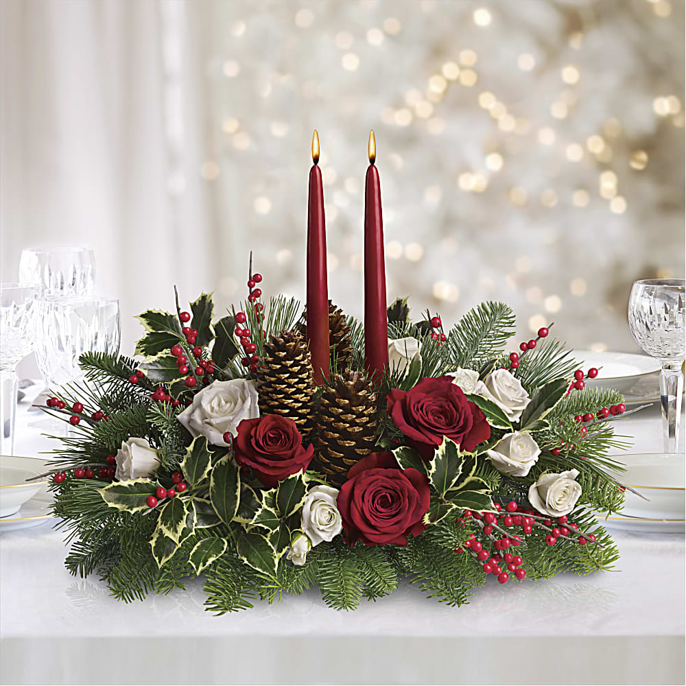 Centre de table floral de Noël avec porte bougie, Holiday Living, 14 po,  vert et rouge C63964