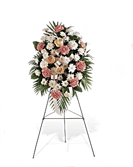 Pink Carnations, White Spray Chrysanthemums, Rose Accents & A Pink Ribbon In A Standing Sympathy Arrangement. Same Day Flower Delivery From Teleflora.