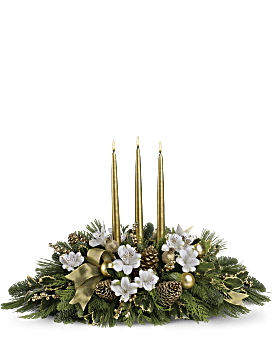 Teleflora White & Gold Holiday Centerpiece With Taper Candles, White Alstroemeria & Forest Greens.