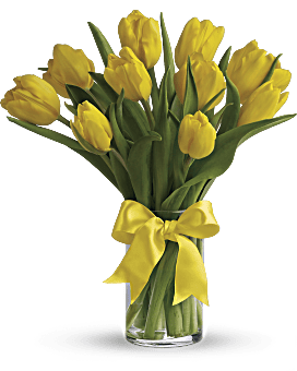 Dazzling Yellow Tulips In An Exclusive Glass Vase With A Bright Yellow Ribbon. Teleflora Sunny Yellow Tulips Bouquet.