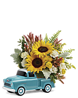Small Yellow Sunflowers, Mini White Carnations, Yellow Button Mums In Chevy Pickup Keepsake. Same Day Flower Delivery. Teleflora Chevy Pickup Bouquet.