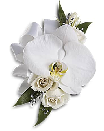 White Orchid And Rose Corsage Teleflora