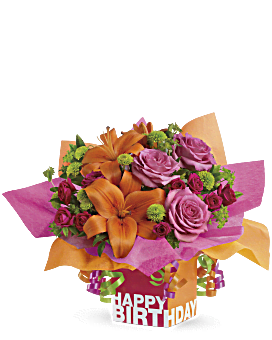 Teleflora's Rosy Birthday Present Flower Arrangement