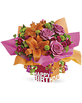 Teleflora's Rosy Birthday Present Flower Arrangement