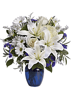 Pure White Flowers With Deep Blue Blooms Hand-Delivered By Local Teleflora Florist
