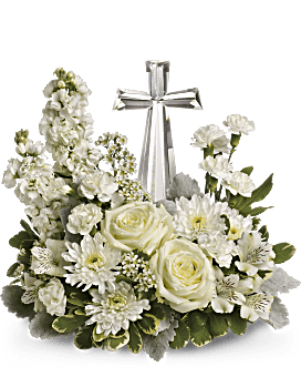 White Roses, Alstroemeria, Stock, Carnations With Exclusive Crystal Cross Keepsake. Same Day Flower Delivery. Teleflora Divine Peace Sympathy Bouquet.