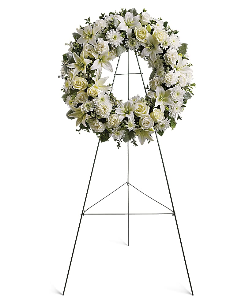 SERENITY AIRY WHITE WREATH STAND WREATH FOR A SERVICE/MEMORIAL in