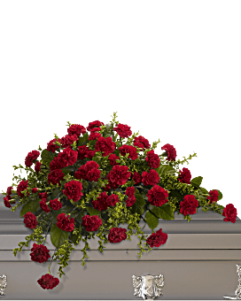 Classic Half-Couch Spray Of Red Carnations Set Against Oregonia & Salal, Perfectly Fitting. Same Day Flower Delivery. Teleflora Adoration Casket Spray