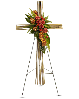 Standing Spray On An Easel. Tropical Sympathy Flowers, Foliage, Cross Fashioned From River Cane. Same Day Flower Delivery. Teleflora River Cane Cross.