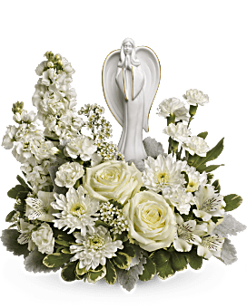 White Roses, Alstroemeria, Stock, Cushion Spray Mums & Teleflora's Angel Of Grace Keepsake. Same Day Flower Delivery. Teleflora Guiding Light Bouquet.