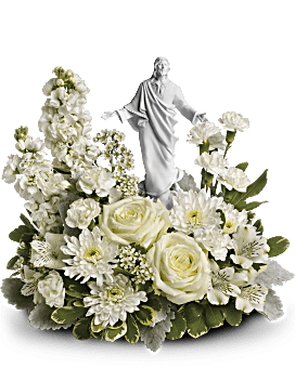 White Roses, Alstroemeria, Stock, Carnations & Waxflower With A Sacred Grace Keepsake. Same Day Flower Delivery. Teleflora Forever Faithful Bouquet.