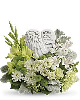 White Roses, Alstroemeria, Green Carnations, Button Mums, Angel's Wing Keepsake. Same Day Flower Delivery. Teleflora Hearts In Heaven Sympathy Bouquet