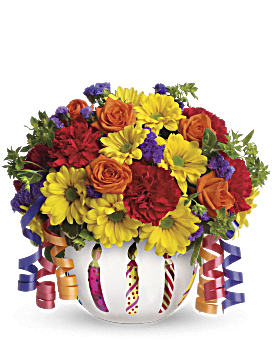 Orange Spray Roses, Red Mini Carnations, Yellow Daisy Spray Mums, Purple Statice & More. Same Day Flower Delivery. Teleflora Brilliant Birthday Blooms