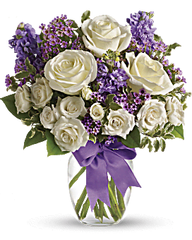 Flower Delivery By Teleflora, Lush White Roses & Purple Stock With Delicate Lavender Waxflower & Green Pitta Negra - Teleflora Enchanted Cottage