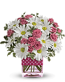 Pink & White Bouquet With White Daisies & Hot Pink Roses In A Pink Glass Cube Vase. Teleflora Polka Dots And Posies Bouquet.