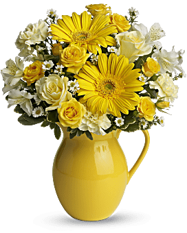 Yellow , Mixed Bouquets , Sunny Day Pitcher Of Cheer , Same Day Flower Delivery By Teleflora