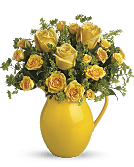 Yellow , Sunny Day Pitcher Of Roses Bouquet , Same Day Flower Delivery By Teleflora