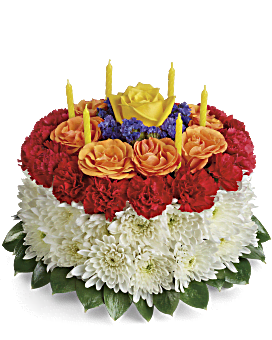 Yellow Roses, Orange, Red Spray Roses, White Cushion Spray Mums In A Cute Cake Arrangement. Same Day Flower Delivery. Teleflora Birthday Cake Bouquet.