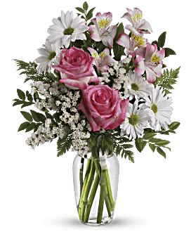 Pink Roses, Pink Alstroemeria, White Mums And White Statice In A Clear Glass Vase. Same Day Flower Delivery. Teleflora What A Treat Bouquet.