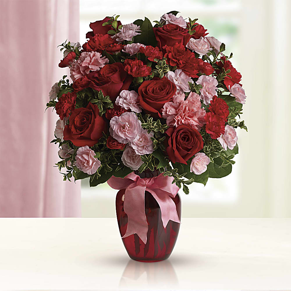 Red Roses Bouquet with Beautiful Pink Ribbon Around