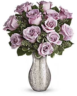 Lavender Roses & Light Pink Spray Roses With Seeded Eucalyptus In A Silver Mercury Glass Vase. Teleflora Forever Mine Roses.