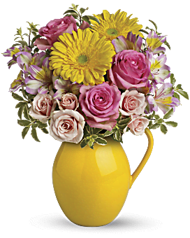 Multi-Colored, Mixed Bouquets, Sunny Day Pitcher Of Charm,  Flower Delivery By Teleflora