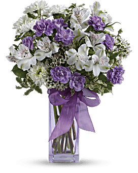 White Alstroemeria, Miniature Lavender Carnations, White Mums, Waxflower & More. Same Day Flower Delivery. Teleflora Lavender Laughter Bouquet.