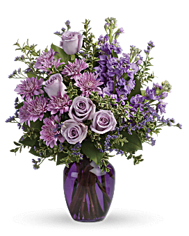 Lavender Roses, Lavender Stock, Lavender Cushion Spray Mums In A Purple Glass Vase. Teleflora Together At Twilight Bouquet.