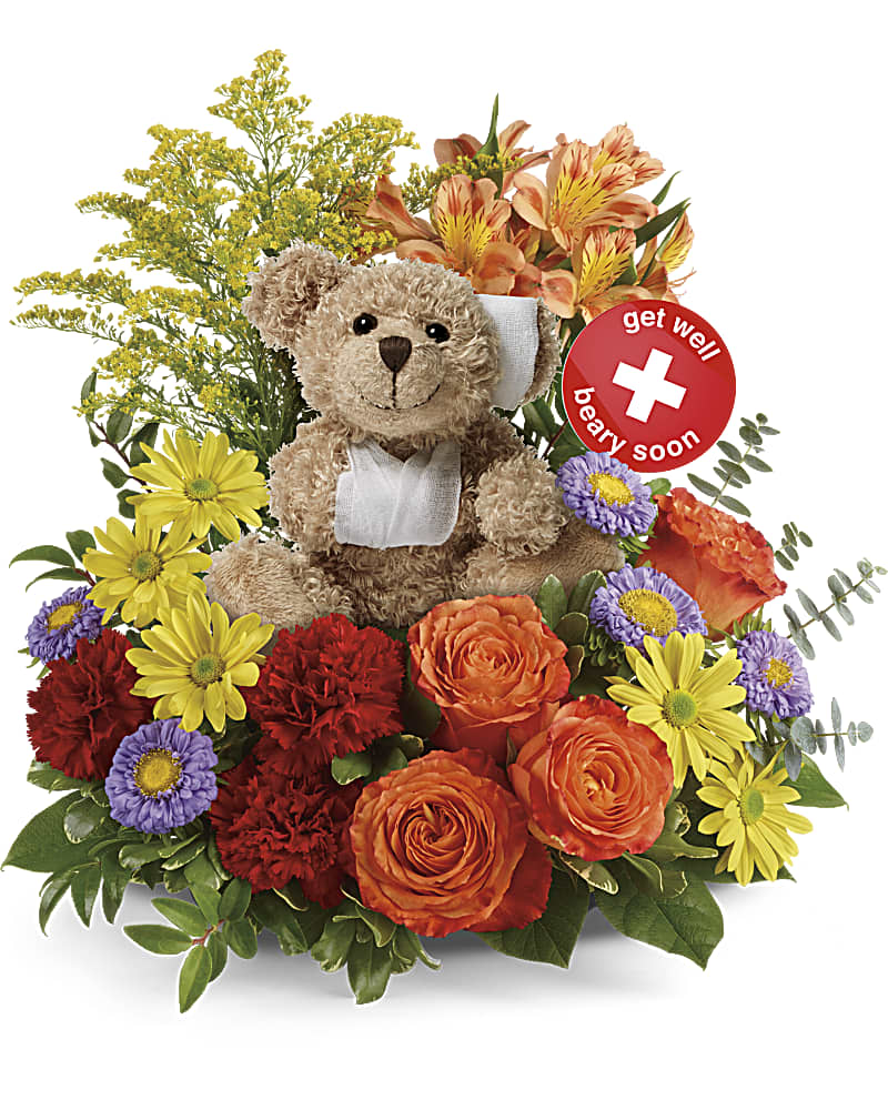 Get Well Beary Soon Teddy Bear With Flowers Glitter Graphic