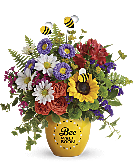 Orange Spray Roses, Red Alstroemeria, Yellow Sunflowers, Green Button Mums & More. Same Day Flower Delivery. Teleflora Garden Of Wellness Bouquet.