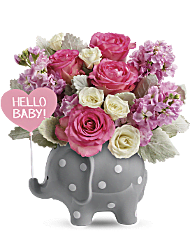 Baby Girl Flowers To Celebrate A New Arrival With Pink Blooms & Polka Dots Delivered By Local Florist Same Day