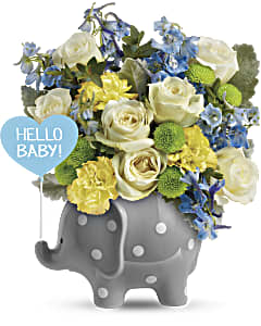 Shop Hello Sweet Baby flower arrangement in blue