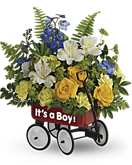 Cool Red Wagon With Yellow Spray Roses, White Alstroemeria & More. Same Day Flower Delivery. Teleflora Sweet Little Wagon New Arrival Bouquet.