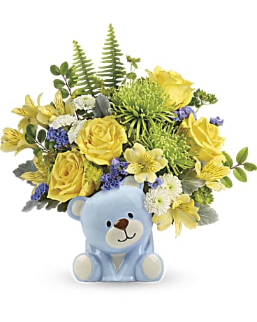 Teddy Bear of Designer Blue Orchids Arrangement