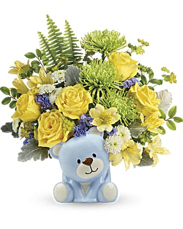 Teddy Bear of Designer Blue Orchids Arrangement