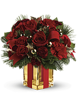 Christmas Bouquet With Red Roses & Winter Greens. Hand Delivered By Local Teleflora Florist.
